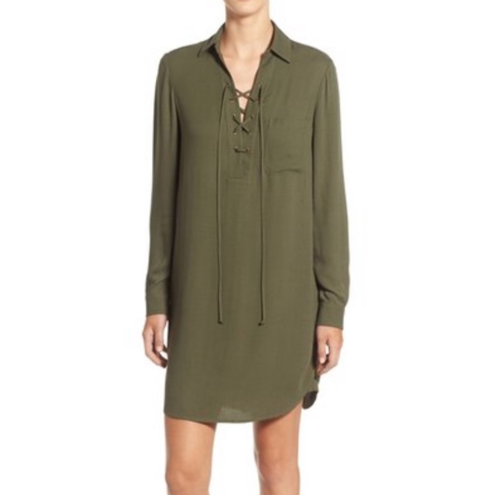 WAYF Shirt Dress Lace Up Long Sleeve Olive Green XS